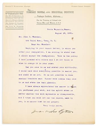 (EDUCATION.) Booker T. Washington. Group of letters regarding the employment of a young instructor at Tuskegee Institute.